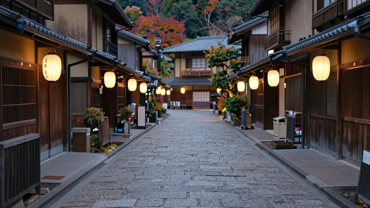 秋の温泉街の夕暮れ:提灯が灯る石畳の通り