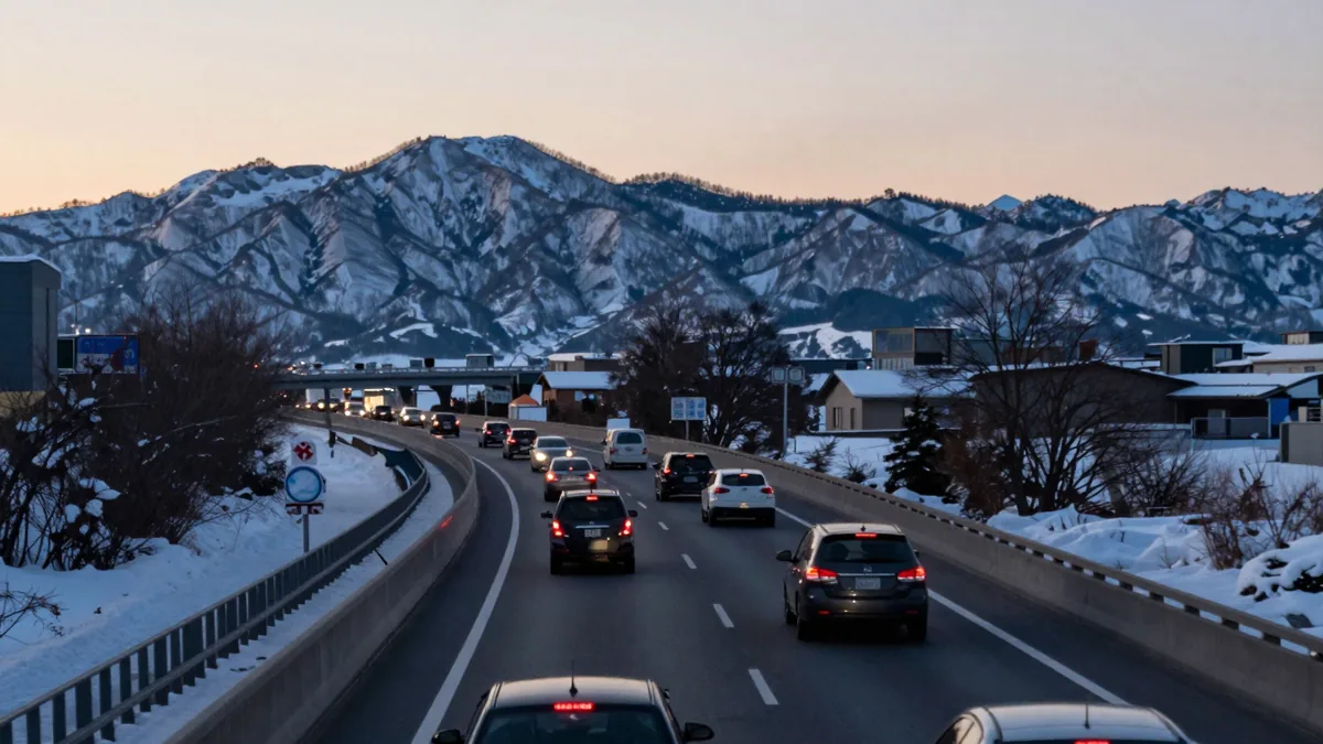 冬の夕暮れに車が走る高速道路と雪をかぶった山並みのイメージ
