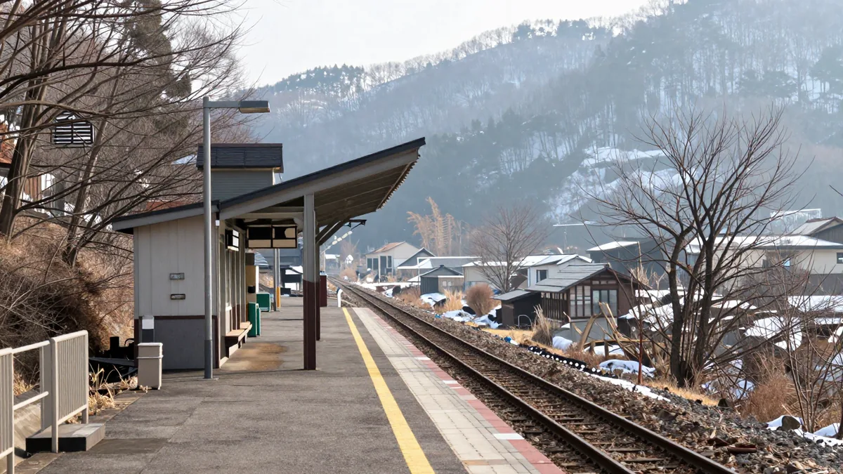 冬の山あいにある無人のローカル駅ホームのイメージ