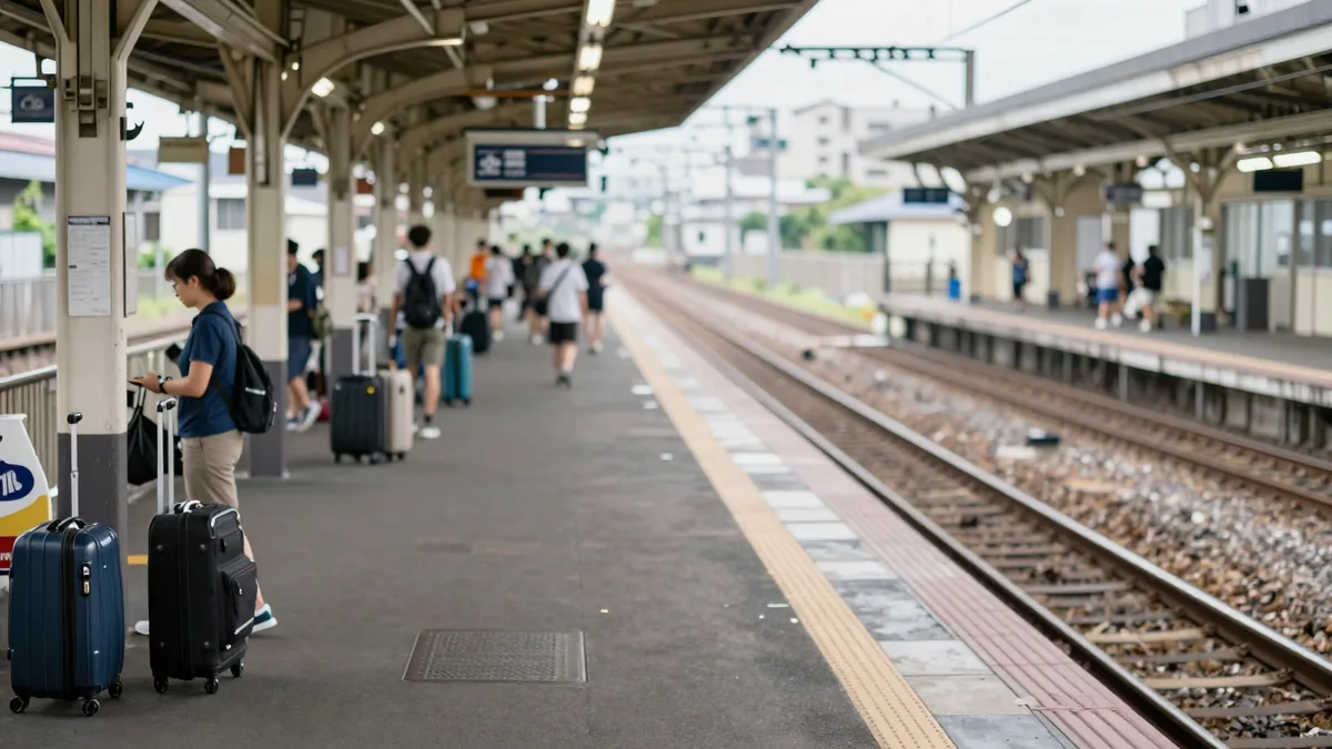 お盆の時期に混み合う駅のホームと、ひと気の少ない地方路線の対比イメージ
